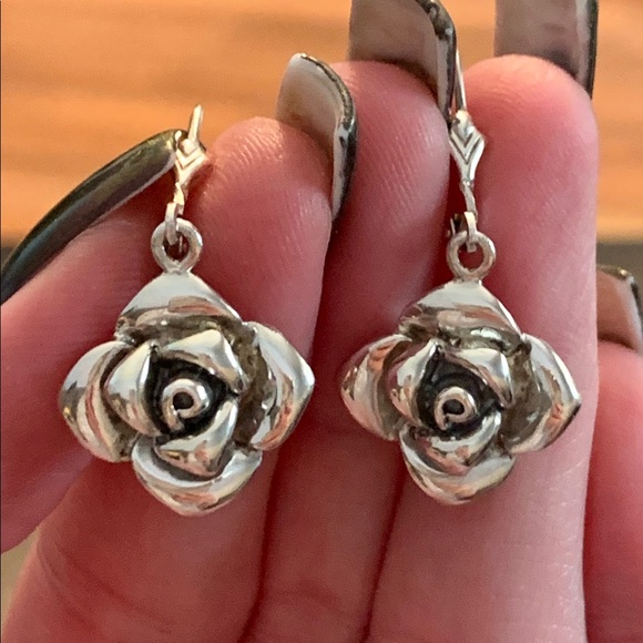 Vintage 925 3-D Flower Dangle Leverback Earrings - Picture 5 of 8